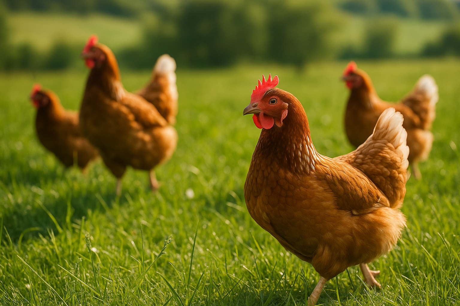Galinhas felizes no pasto